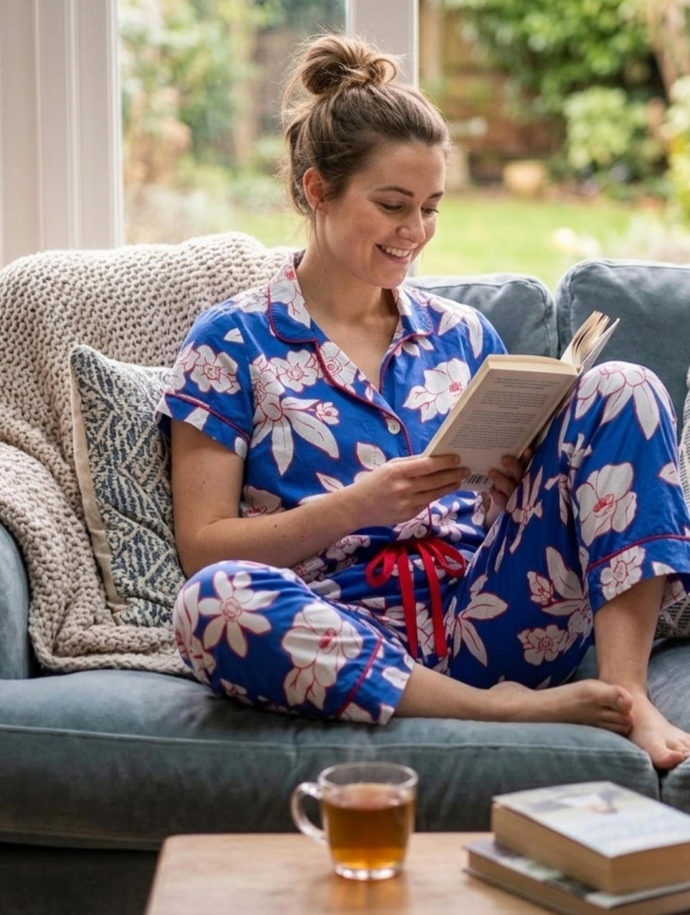 BedHead Royal Blue Floral Two-Piece Pajama Set with White Flowers and Red Trim